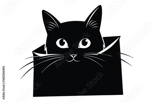 Playful Black Cat Peeking from Box on White Background, Cartoon Style Design