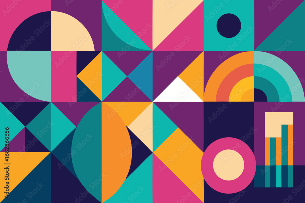 Obraz premium Colorful Geometric Abstract Illustration with Circles, Triangles and Squares Design on Dark Background