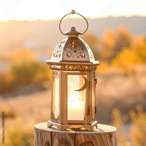 A decorative, ornate lantern with a moon detail stands on a wood stump, bathed in warm sunset light, against a blurred autumnal landscape background