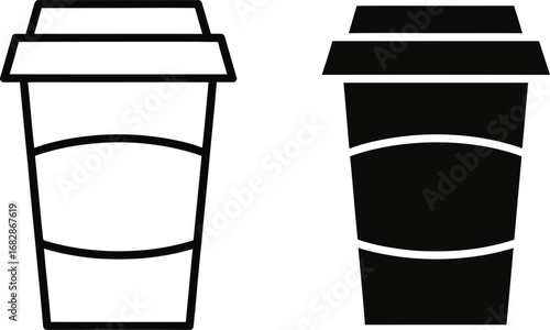 Two stylized disposable coffee cups, one outlined in black and white and the other filled in black, both with lids and bands.