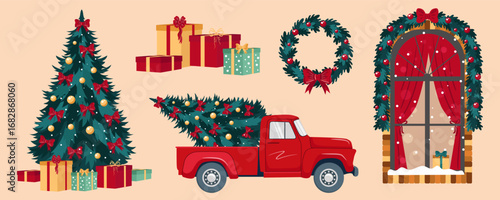 Christmas and New Year illustration set. Christmas tree, red truck, winter window, holiday wreath, gift box. Vector.