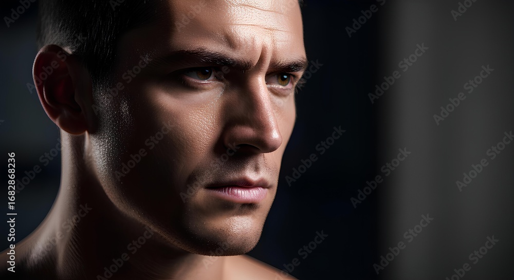 Obraz premium Intense close-up portrait of a young man, serious expression, dark background.