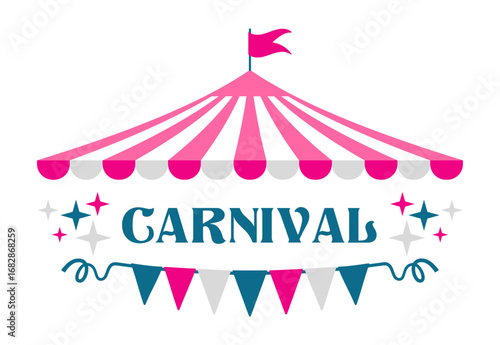 Circus tent, Confetti, Stars and hanging Flags garlands. World Circus Day. Welcome. Carnival. Vector illustration