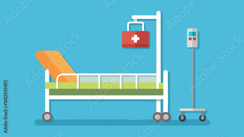 A hospital bed with a red bag on it and a medical machine. The bed is empty