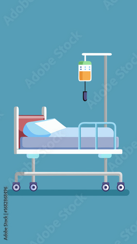 A hospital bed with a red bag on it and a medical machine. The bed is empty