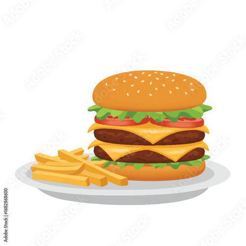 A delicious classic cheeseburger with perfectly stacked layers and a small pile of golden french fries rests on a simple white plate, all depicted in a clean 2D flat vector style.