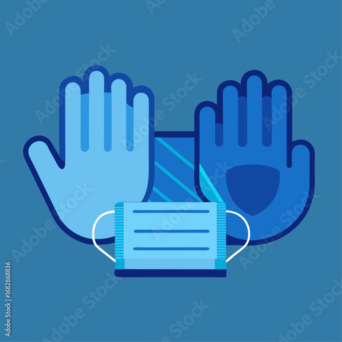 A blue and white graphic of two hands wearing gloves and a blue and white mask. The image conveys the importance of wearing gloves and a mask to protect oneself and others from germs and viruses