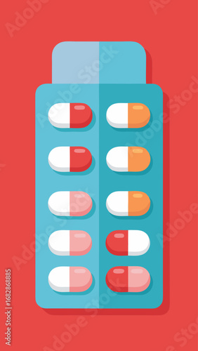 A pill bottle with a red and yellow pill sits next to a pill bottle with a blue and white pill