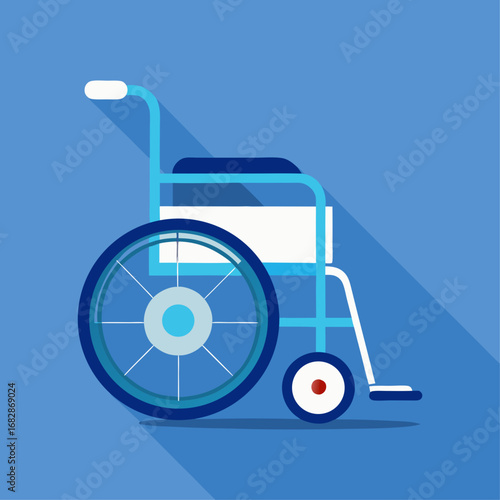 A blue and white wheelchair with a blue wheel. The wheel is in the center of the image