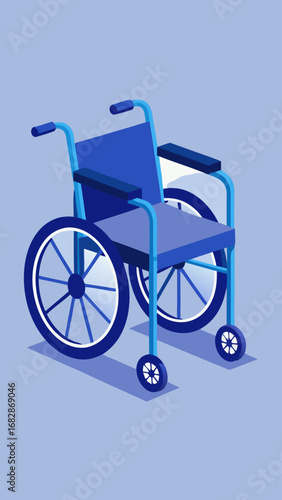 A blue and white wheelchair with a blue wheel. The wheel is in the center of the image