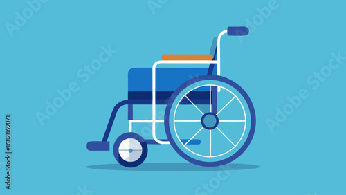 A blue and white wheelchair with a blue wheel. The wheel is in the center of the image