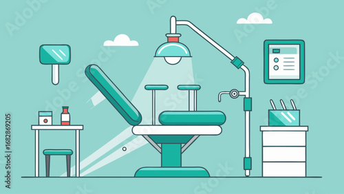 A cartoon illustration of a dental office with a green chair and a light. The chair is positioned in front of a desk, and there is a bottle on the desk. The room has a calming