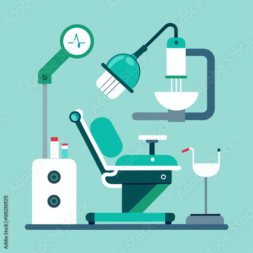 A cartoon illustration of a dental office with a green chair and a light. The chair is positioned in front of a desk, and there is a bottle on the desk. The room has a calming