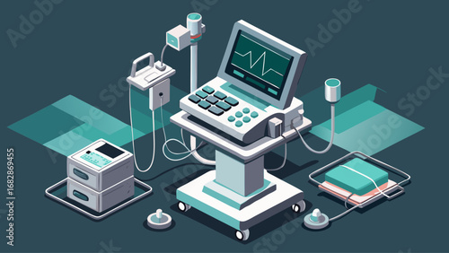 A medical device with a computer monitor and a keyboard. The monitor shows a graph with a downward trend