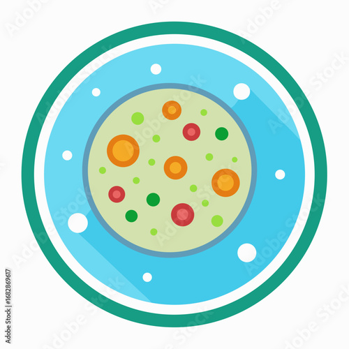 Two plates of food with blue and green colors and many small dots. The plates are on a white background