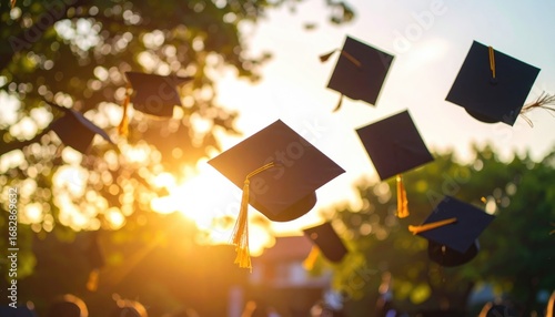 Graduation caps soar against a sunlit backdrop of trees, symbolizing achievement and celebration. Caps with tassels cascade upwards