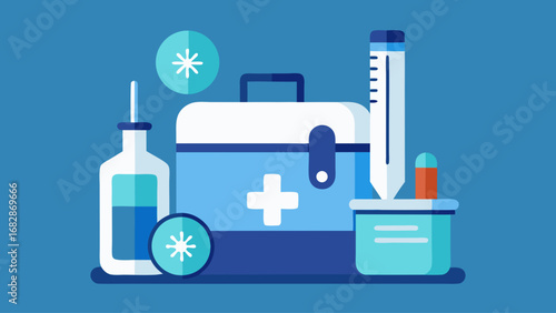 A blue box with a red cross on it and a thermometer and a syringe. The box is labeled with the number 1
