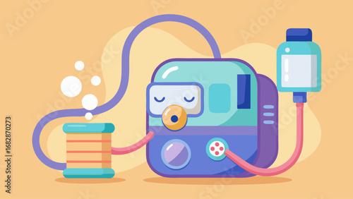A cartoonish blue and purple machine with a blue face and a blue hose. The machine is connected to a bottle and a hose