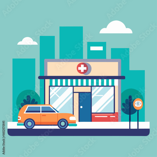 A cartoon drawing of a building with a car parked in front of it. The building is a pharmacy and the car is a small orange car
