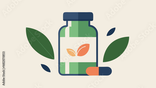 A green bottle of medicine with a leaf on it. The bottle is on a white background