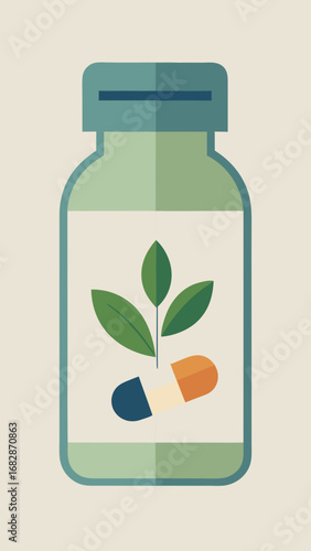 A green bottle of medicine with a leaf on it. The bottle is on a white background