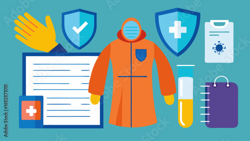 A blue jacket with a pocket and a clipboard with a check mark on it. The jacket is next to a pair of gloves and a shield