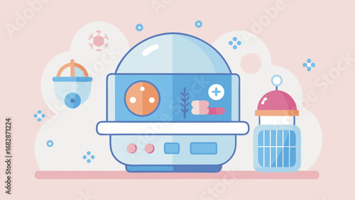 A blue robot with a green pill inside of it. The robot is surrounded by other objects, including a camera and a bird. The image has a playful and whimsical feel to it