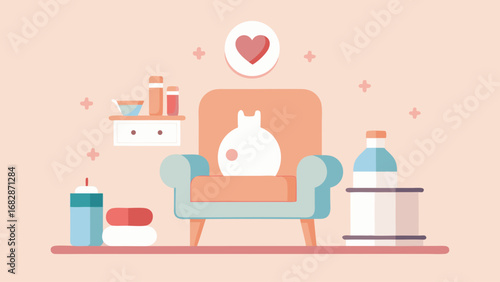 A cartoonish drawing of a chair with a pillow on it and a bottle of perfume next to it
