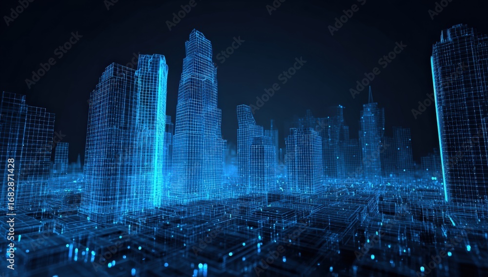 Obraz premium Futuristic city skyline rendered as glowing blue wireframe