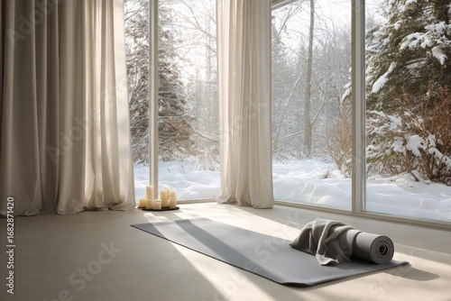Modern yoga room with winter view