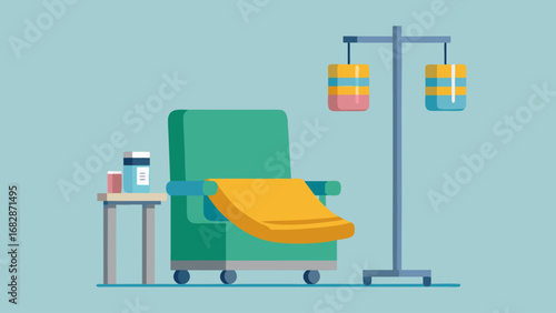 A cartoonish image of a chair with a red blanket on it and a medical device with two orange bottles attached to it