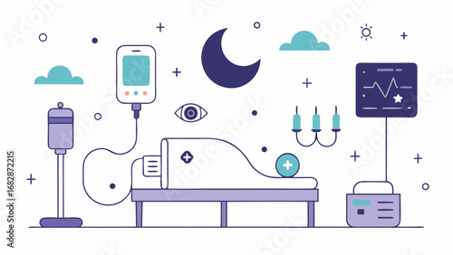 A hospital bed with a bedside lamp and a clock. The bed is surrounded by medical equipment, including a syringe and a bag. Concept of urgency and the importance of medical care