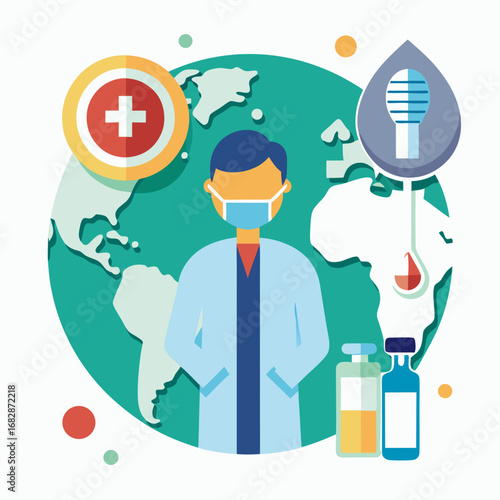 A man in a white lab coat is standing in front of a globe with a syringe in his hand