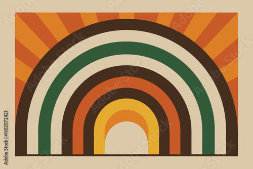 Retro Inspired Illustration of Curved Rainbow Stripes and Orange Sunrise Pattern on Beige Background