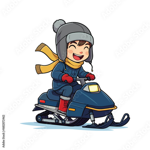 A little girl on a snowboard and a scooter, with some of her friends