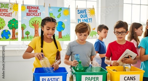 Children sorting recyclables in a classroom.