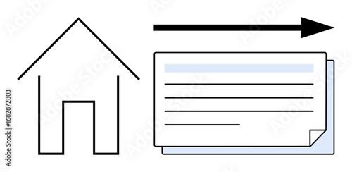 House outline with forward arrow pointing to documents emphasizes change, relocation, planning, or growth. Ideal for real estate, moving, decision-making, strategy, planning homeownership progress