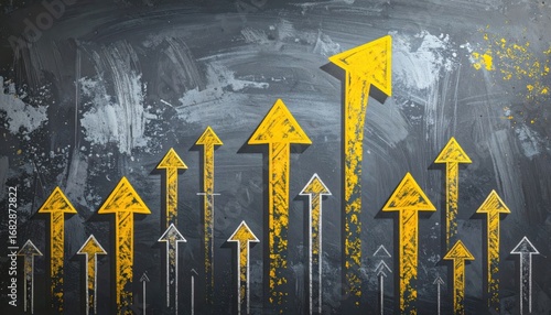 Painted yellow arrows pointing upwards on a textured dark grey background suggest growth and success. Arrows vary in height with splatter accents