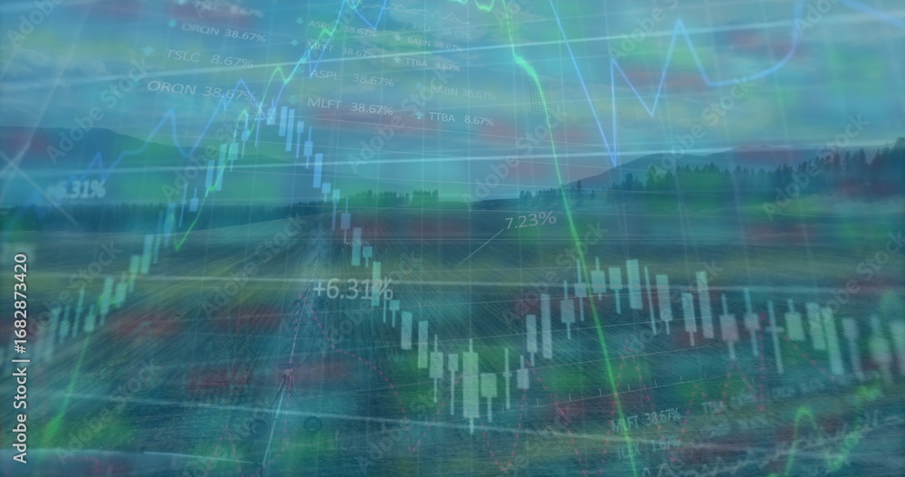 Obraz premium Stock chart displaying over rural fields at dawn, with lines candlestick bars percents gridlines