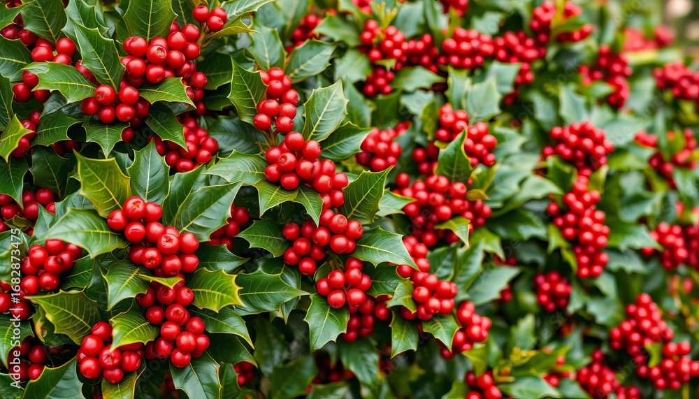 Obraz premium A lush backdrop of vibrant green hollies with bright red berries and prickly leaves, perfect for Christmas designs, nature, asset