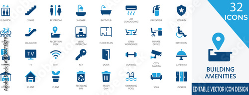 A clean and modern filled icon set featuring 32 essential building amenities such as elevators, restrooms, security, and more. Perfect for real estate, architecture, UI or UX, and signage projects.