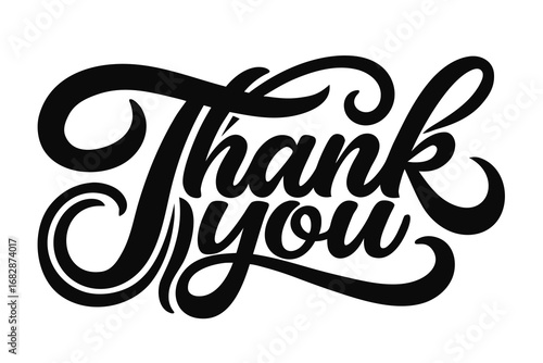Stylized Black Thank You Text on White Background with Calligraphic Flourishes and Elegant Design