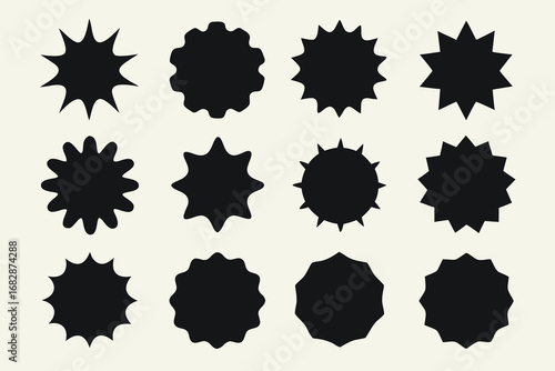 Twelve Black Burst Shapes on Beige Background, Minimalist Design Elements for Creative Projects