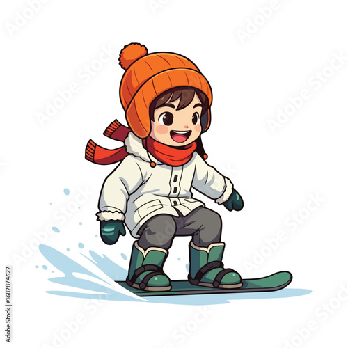 A cheerful cartoon snowboarder in mid-air, with a wide smile and their board, jumps against a background of a snowy mountain