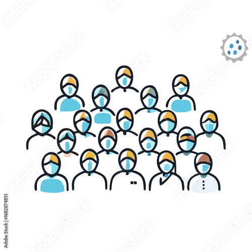 Group of diverse people wearing masks in a simple illustration  
