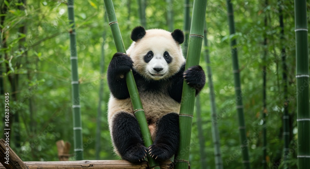 Fototapeta premium A charming panda cub holds onto a bamboo stalk amidst a lush green bamboo forest, showcasing its playful nature.
