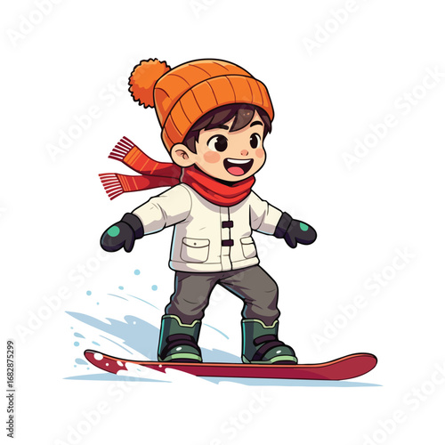 Happy kids enjoying a snowy day with boys and girls skiing or snowboarding
