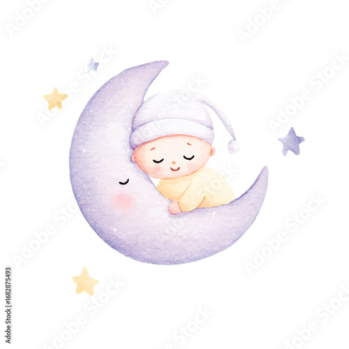 Watercolor Baby Sleeping on Moon Cute Nursery Illustration.