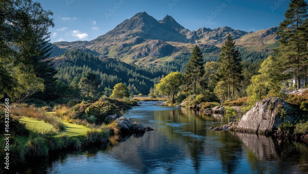 Fototapeta premium Mountain river valley, vibrant greenery, calm waters
