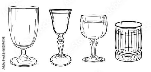 Elegant cocktail, martini or liqueur glasses, black and white sketch. Vector illustration. A set of dishes for a bar or a nightclub, isolated on a white background. for menus, recipes, packaging